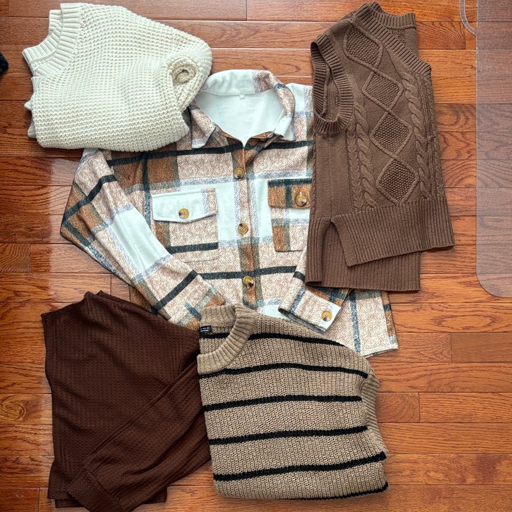 Fall Bundle-Neutral Knit & Plaid Tops Set - Cream, Brown, and Tan